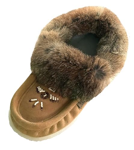 Laurentian Chief Moccasin Slippers for Women – Ladies Durable Slippers with Real Rabbit Fur Trim and Thick Fleece Lining – Canada Quality Beaded Style Warmie Shoes for Indoor & Outdoor Use