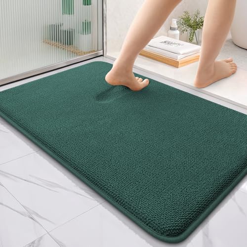 Image of OLANLY Thick Memory Foam Bath Mat Rug 36x24, Extra Soft Absorbent Bathroom Rug, Quick Dry Bath Mats, Non-Slip, Washable Carpet for Bathroom, Tub and Shower, Home Decor Accessories, Blackish Green