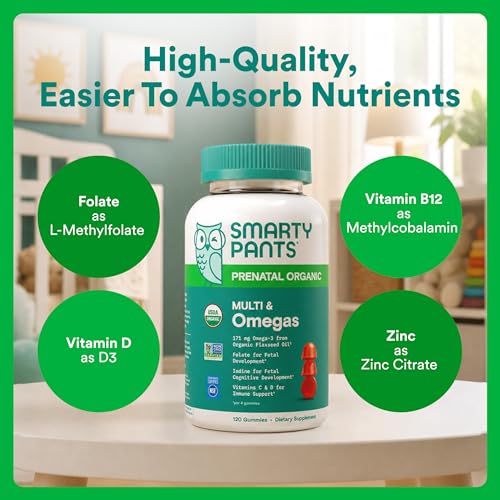 Image of SmartyPants Organic Prenatal Vitamins for Women, Multivitamin Gummies: Biotin, Methylfolate, Omega 3 (ALA), Vitamin D3, C, Vitamin B12, B6, A, K2 & Zinc, Choline, Vegetarian, 120 Count (30 Day Supply)