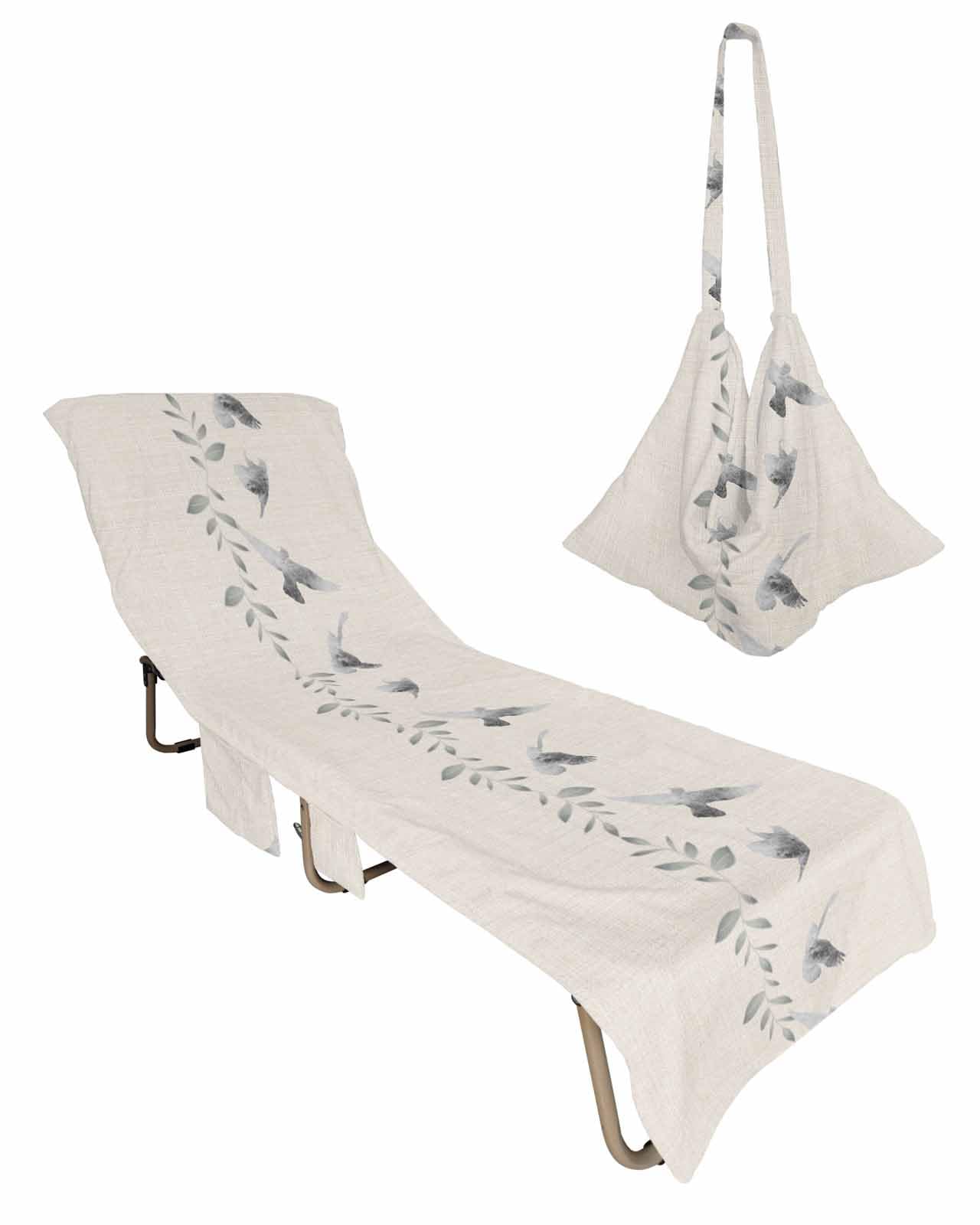 Birds Beach Chair Towel Covers for Chaise Lounge With Side Pocket, Soft Plush Pool Towels Cover for Patio Sunbathing Outdoor 29''x85'' Forest Tree Branch Botanical Leaves Watercolor