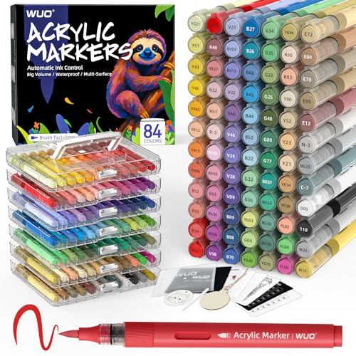 Image of WUO 84 Colors Acrylic Paint Markers Brush Tip with Automatic Ink Control | Water-based, no-bleed, waterproof acrylic paint pens for rock, wood, canvas, glass, ceramic, fabric and DIY crafts
