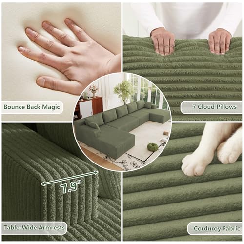 Image of 160 inch Modular Sectional Sleeper Sofa, Boneless Cloud Couch for Living Room, U Shaped 3 Seat Sofa with Deep Seat, Free Combination, Couch in a Box, No Assembly Required (Green)