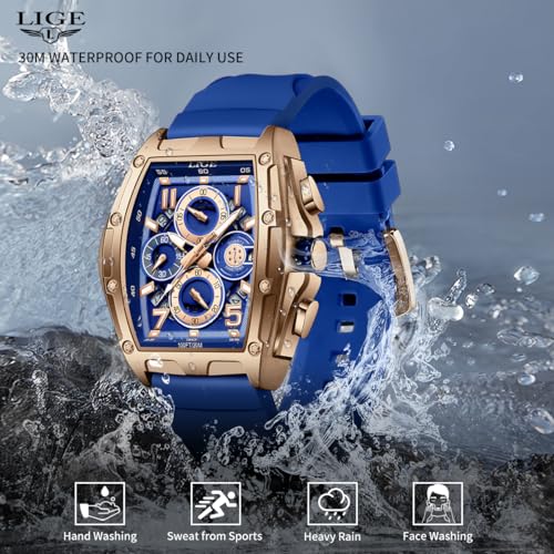 Image of LIGE Mens Watches Luxury Tonneau Watches for Men Waterproof Analog Watch Chronograph Calendar Date Men's Dress Business Work Watch Large Square Face Wristwatch