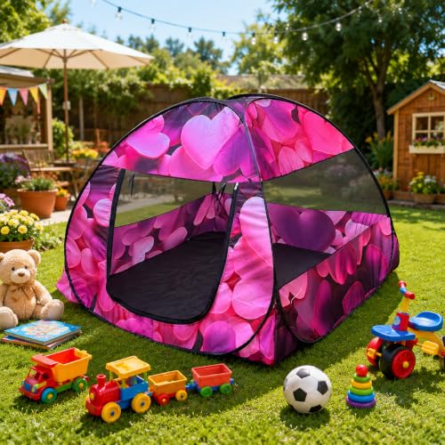 Image of Play House Foldable One Side Round Tent House for Kids Lightweight and Portable |Foldable Tent House for Kids Activity Indoor Outdoor |Play Tent House for Multi Purpose (Heart-Pink)