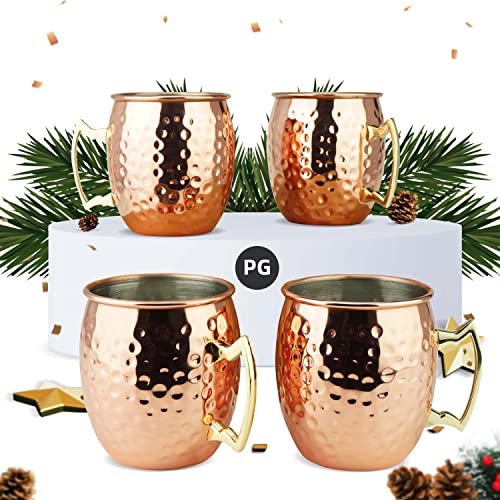 Comparison: Best Moscow Mule Cups 10 PG Moscow Mule Mugs | Large Size 19 ounces | Set of 4 Hammered Cups | Stainless Steel Lining | Pure Copper Plating | Gold Brass Handles | 3.7 inches Diameter x 4 inches Tall
