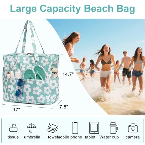 Image of LEDAOU Large Beach Bag Women Waterproof Sandproof Zipper Beach Tote Pool Bag for Swim Gym Grocery Travel with Wet Pocket