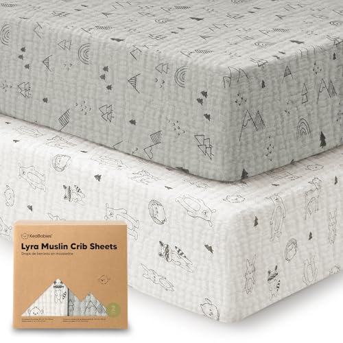 Image of KeaBabies 2-Pack Muslin Crib Sheets for Boys, Girls - 100% Organic Cotton Fitted Baby Crib Mattress Sheet, Soft Breathable Standard Toddler Bed Cover Bedding Set, Neutral, Durable 52x28 (Woodland)