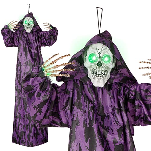 Decorlife 50" Hanging Grim Reaper, Animated Reaper with Light Up Eyes & Sound Activated, Halloween Decorations Outdoor