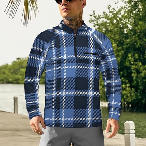 Mens Long Sleeve Mesh Fishing Shirts Navy Blue White Checkered Rash Guard Fishing Running Tshirt Sun Protection Tee2
