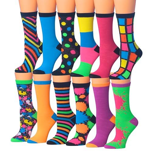 Tipi Toe Women's 12 Pairs Lightweight Colorful Funky Fashion Colorblock PaintSplash Crew Dress Socks, WC34-T1