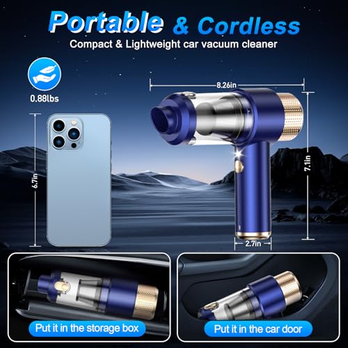 Mini Vacuum Cleaner, 15000PA Car Vacuum Cleaner Portable Cordless with LED Light, 4 in 1 Air Duster and Handheld Small Vacuum Rechargeable for Car, Home, Office, Pet(Blue)