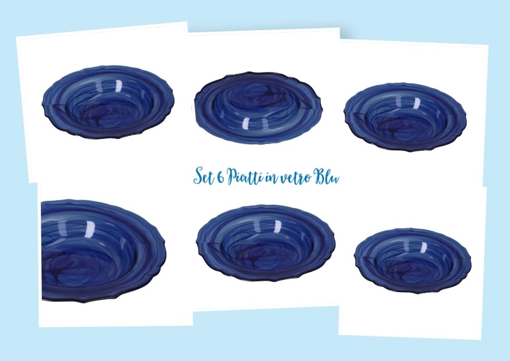 Set 6 Piatti In Vetro Alabastro Blu Sfumato, Diametro 27,5 Cm - Per Portata, Antipasti, Decorazione Tavola