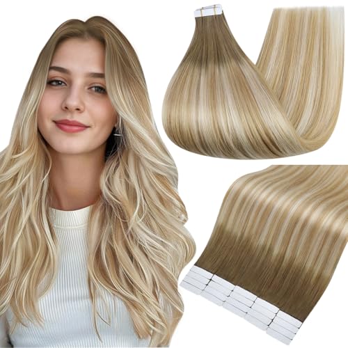 Image of Full Shine Hair Extensions Tape in, Brown Root Blonde Ombre 22 Inch | 50g 20PCS, Invisible Human Hair Tape in Extensions, Straight Remy Finish Thick Ends Smooth Texture for Party Styling