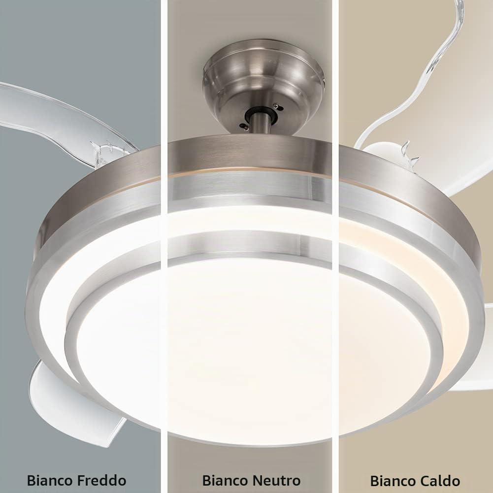 BAKAJI Ventilatore Lampadario da Soffitto 4 Pale retrattili con Lampada in Vetro Satinato 3 Velocità e Telecomando per Comando a Distanza Diametro 106 cm Colore Silver e Pale trasparenti