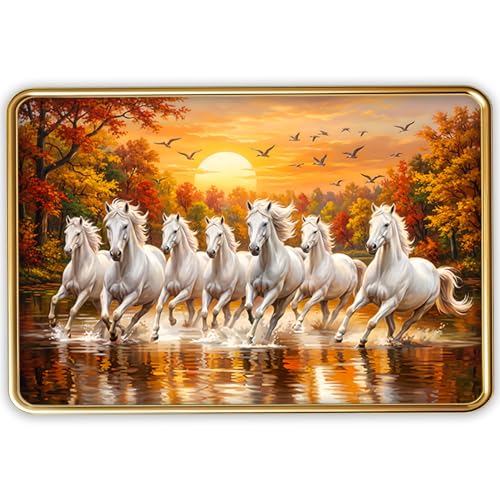 Image of Vastu 7 Seven Running Horse Photo Frame, Golden Slim Frame, Sparkle Coated Lamination, 30x45 cm (Design 8)