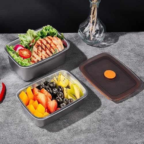 Image of KEMETHY BYKITCHEN 2-Pc 1500 ml Fridge Storage Box Stainless Steel Food Storage Tray Plate Container with Airtight Lids,Leakproof Kitchen Organizer,Freezer Safe