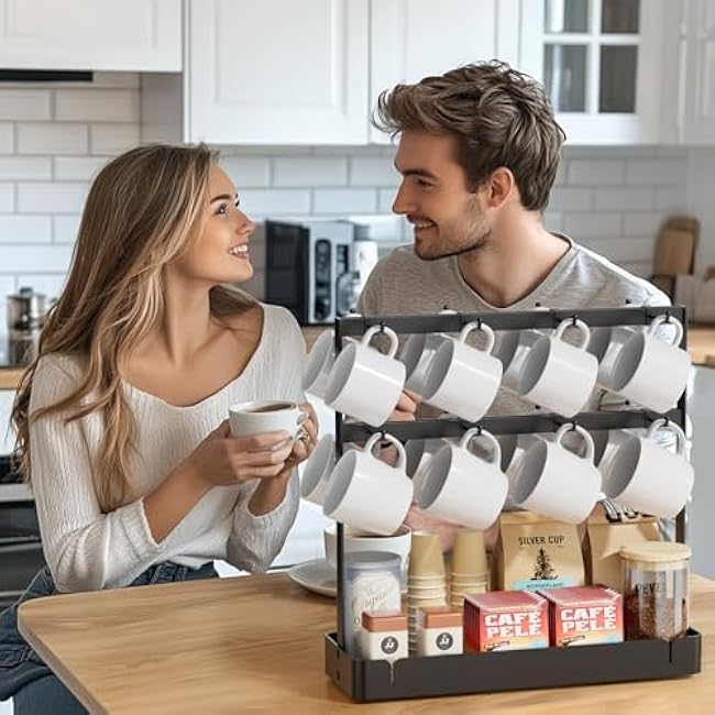 Coffee Mug Holder with 16 Movable Hooks, Metal Coffee Cup Holder for Countertop, 2 Tier Mug Rack with Storage Shelf for Kitchen Office Coffee Mug Rack