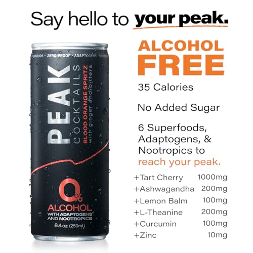 Image of Peak Cocktails Non Alcoholic Drinks, Adaptogen, Blood Orange Spritz 24 Pack | Calming, ashwagandha, tart cherry, L-theanine nootropic blend; recovery, sleep & mood, non-alcoholic, zero proof