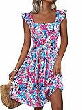 Loemes Tropical Dresses for Women Resort Wear Dresses Beach Spring Wedding Guest Square Neck Cap Sleeve Knee Length Dresses Small Red Blue Floral-1
