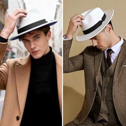 Image of BABEYOND 1920s Fedora Hat for Men Gatsby Wide Brim Fedora Hat Felt Panama Cap with Band for Women Men