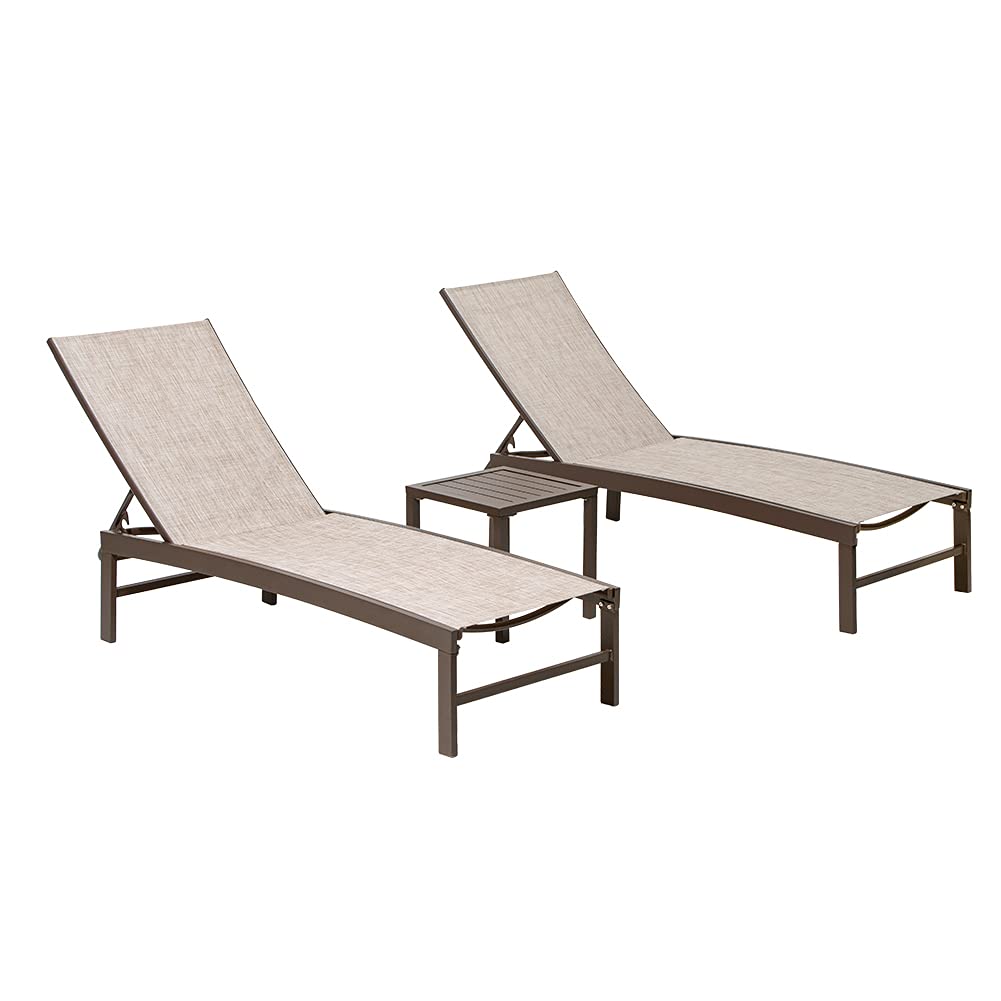 Crestlive Products Aluminum Adjustable Chaise Lounge Chair and Table Set Outdoor Five-Position Recliner, Curved Design, All Weather for Patio, Beach, Yard, Pool (Beige)
