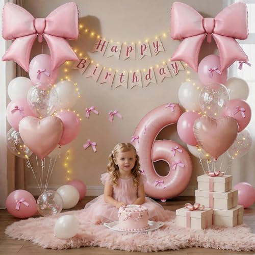 Image of 6th Birthday Decorations for Girl,Pink 6 Balloons for Party Decorations | 6 Year Old Birthday Decoration,Anniversary Party Decor,Pink White Balloons,Bow Print Balloons,Heart Balloons