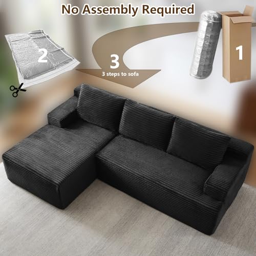 Image of 96 inch Modular Sectional Sofa Couches L-Shape Couch 3 Seat Modular Sofa Corduroy Memory Foam Sectional Boneless Couches for Living Room, Cloud Couch with Oversized Chaise(Black, Left Facing)