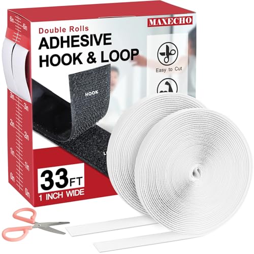 Image of MAXECHO 33Ft x 1 Inch Hook and Loop Tape with Adhesive Backing, Heavy Duty Double Sided Adhesive Strips, Strong Sticky Strips Rolls for Home, Office, School, Car, and Crafting Projects, White