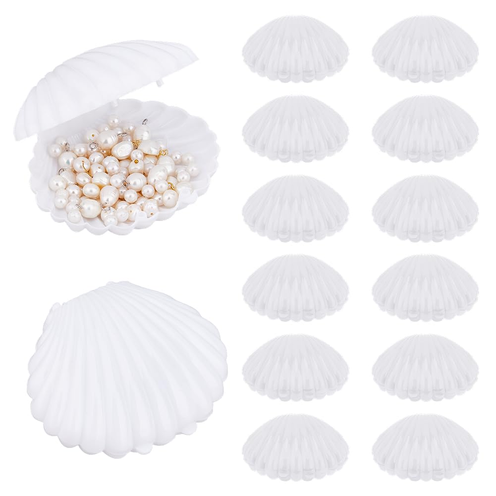 DICOSMETIC 12Pcs Sea Shells Boxes Plastic Shell Jewelry Storage Box 3.5" Seashell Candy Boxes Ring Holder Decorative Box for Jewelry Home (White)