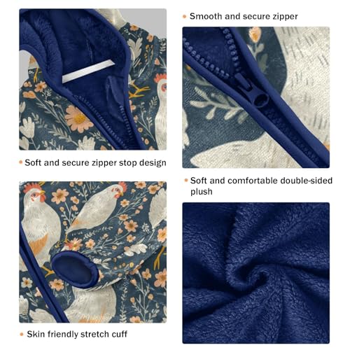 Floral Hen Pattern Toddler Fleece Jacket Girl Boys Hooded Fleece Jacket Coat Warm Outwear Zip-up 3-10T3