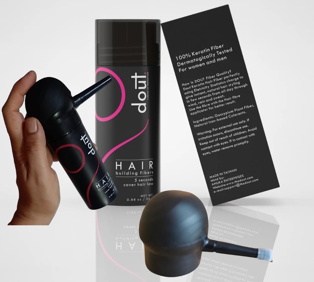 DOUT Combo Hair Building Keratin Thick Fibers and Applicator Nozzle: Instant Cover for Thinning Hair and Bald Patches for Women Men Dark Brown (25 gm)