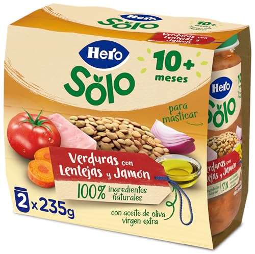 Hero Baby Tarritos de Verduras con Lentejas y Jamón Trocitos para bebés a partir de 10 meses, Pack de 2x235gr