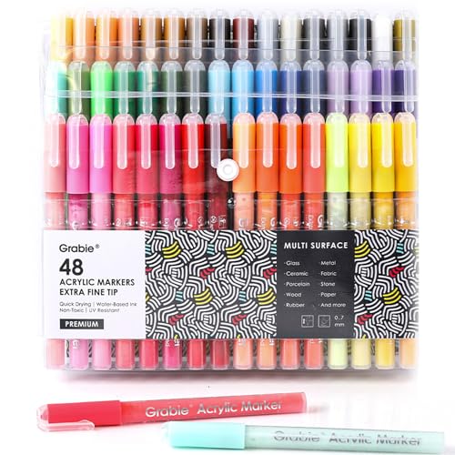 Grabie Acrylic Paint Pens Markers, 48 Colors, 0.7 mm, Extra Fine Tip Drawing Markers, Premium Paint Pens for Painting on Various Surface, Art Supplies