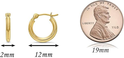 Miniatura 3 de Pendientes de aro 14K oro clásico amarillo pulido brillante, tubo de 0.07 pulgadas