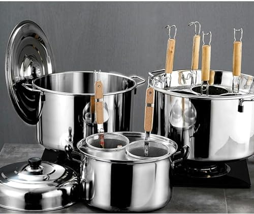 Components of the stockpot set, including the main pot, lid, and multiple strainer baskets.