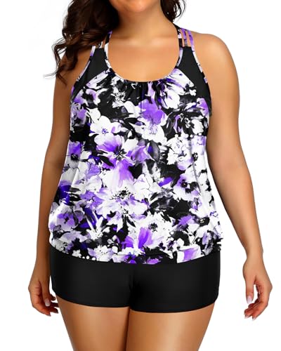 Image of Womens Plus Size Tankini Swimsuit Two Piece Tummy Control Bathing Suit | Blouson Racerback Tankini Top with Shorts, Double Up Design, Removable Pad