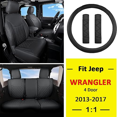 Image of GIANT PANDA Jeep Wrangler 4 Door JK 2013-2017 Full Set Car Seat Covers for Sahara Sport Rubicon Unlimited Willys Wheeler Altitude, Customized Faux Leather - (Black)