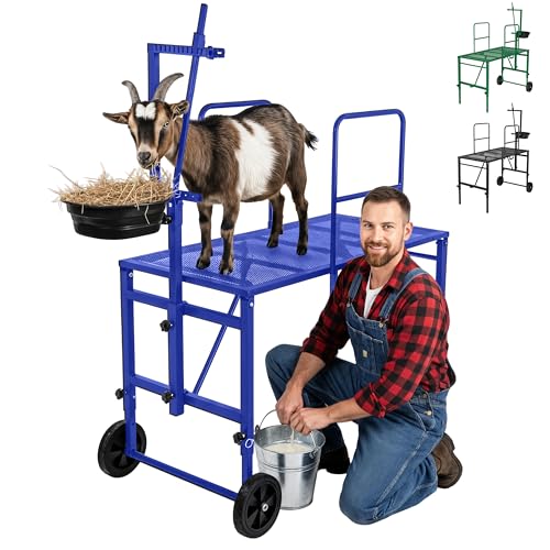 Goatzy Goat Stand with Adjustable Headpiece & Legs Goat Milking Stand with Feeder Rails & Wheels Stanchion for Grooming & Hoof Trimming Sheep Stand for Shearing Heavy-Duty Steel Platform Blue