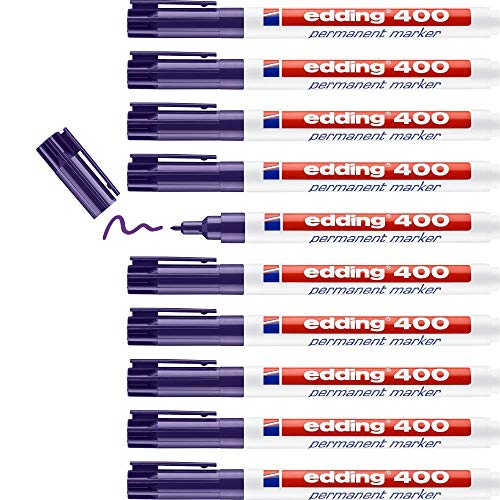 edding 400 Permanentmarker - violett - 10 Stifte - feine Rundspitze 1 mm - wasserfest, schnell-trocknend - wischfest - für Karton, Kunststoff, Holz, Metall, Glas