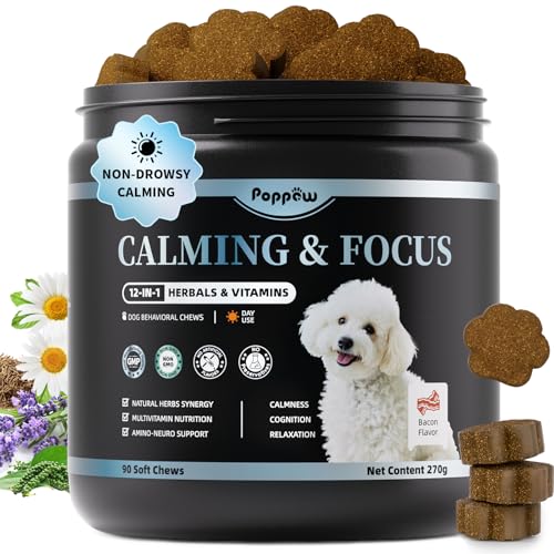 POPPAW Calming Chews for Dogs – Calming Treats for Anxiety, Stress, Separation, Travel&Thunder, Relaxation & Focus Support with L-Theanine, Valerian Root, Chamomile & Ashwagandha, Bacon Flavor, 90Ct