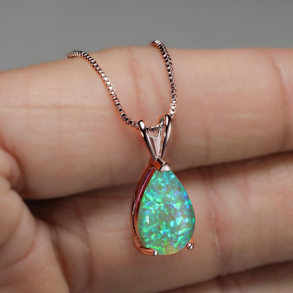 Collana Ovale con Opale Blu,Collana Delicata Placcata in Argento con Goccia d'Acqua con Opale di Fuoco