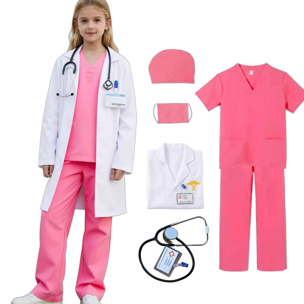 DongfangYMHC Kids Doctor Cosplsy Costume Children's Doctor Outfit Set Nurse Dress Up Halloween with Lab Coat Mask, Stethoscope,Pink,120
