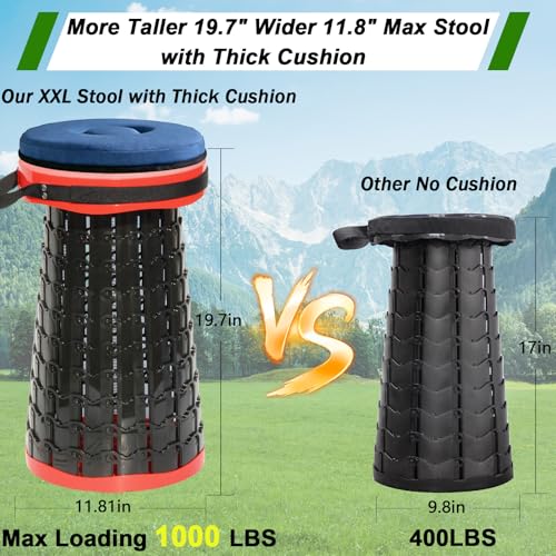 Image of 2026 Upgraded XXL Collapsible Stool with Thick Cushion,19.7 inchH-11.8 inchD Telescoping Folding Stool for Adults, More Sturdy Camping Stools with Load Capacity 1000lbs for Outdoor,Garden,Fishing,Hiking