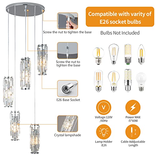 Image of LMQNINE Pendant Light, Chrome Modern Pendant Light Fixtures, Mini Crystal Chandeliers, Adjustable 5-Light Pendant Lighting for Kitchen Island Dinning Room Bedroom (Chrome 5-Light)