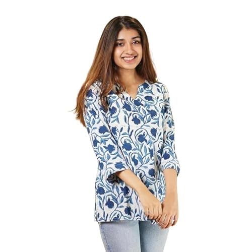 PIDAVLIYA'S Indian Women's Tunics Tops Cotton Floral Printed Short Kurti Kurta Shirt Top for Women (US, Alpha, Small, Regular, Regular, Printed Blue)