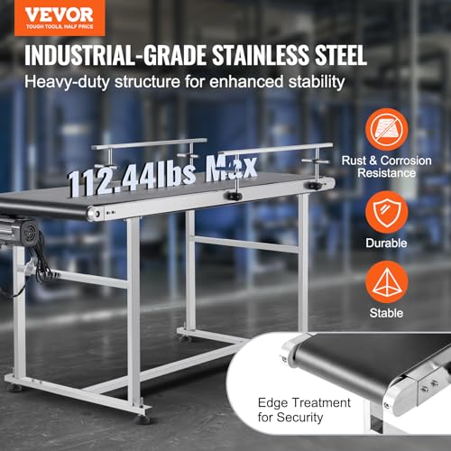 VEVOR Belt Conveyor, 59 x 23.6 inch Conveyor Table, Heavy Duty Stainless Steel Motorized Belt Conveyor for Inkjet Coding Applications Powered PVC Belt Anti-Static Adjustable Speed (Double Guardrail)