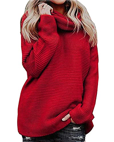 Imuedaen Pullover Damen Elegant Rollkragenpullover Langarm Strickpullover Lässiges Stricken Pulli Winter Sweatshirt Oberteile (A Rot, M) Cover