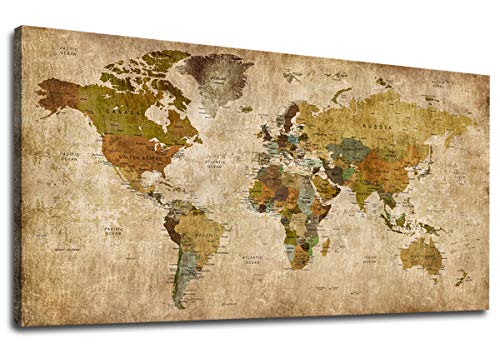 Vintage World Map Canvas Wall Art Picture Large Antiqued Map of The World Canvas Painting Artwork Prints for Office Wall Decor Home Living Room Decorations Framed Ready to Hang 30  x 60 