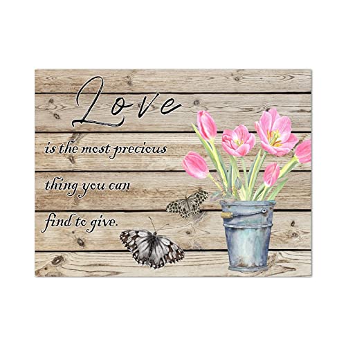 Plaque murale en bois Love 30x40 cm avec motif papillon et tulipe pour déco chambre