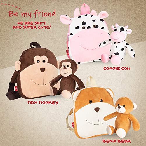 PERLETTI Kuscheltier Affe Rucksack Kleinkinder mit Plüsch Abnehmbar Weich - Kinderrucksack Plüschtier für Kindergarten Kinder 3 4 5 Jahren - Äffchen Plüschspielzeug Kindertasche - 22x25x3 cm (Affe)